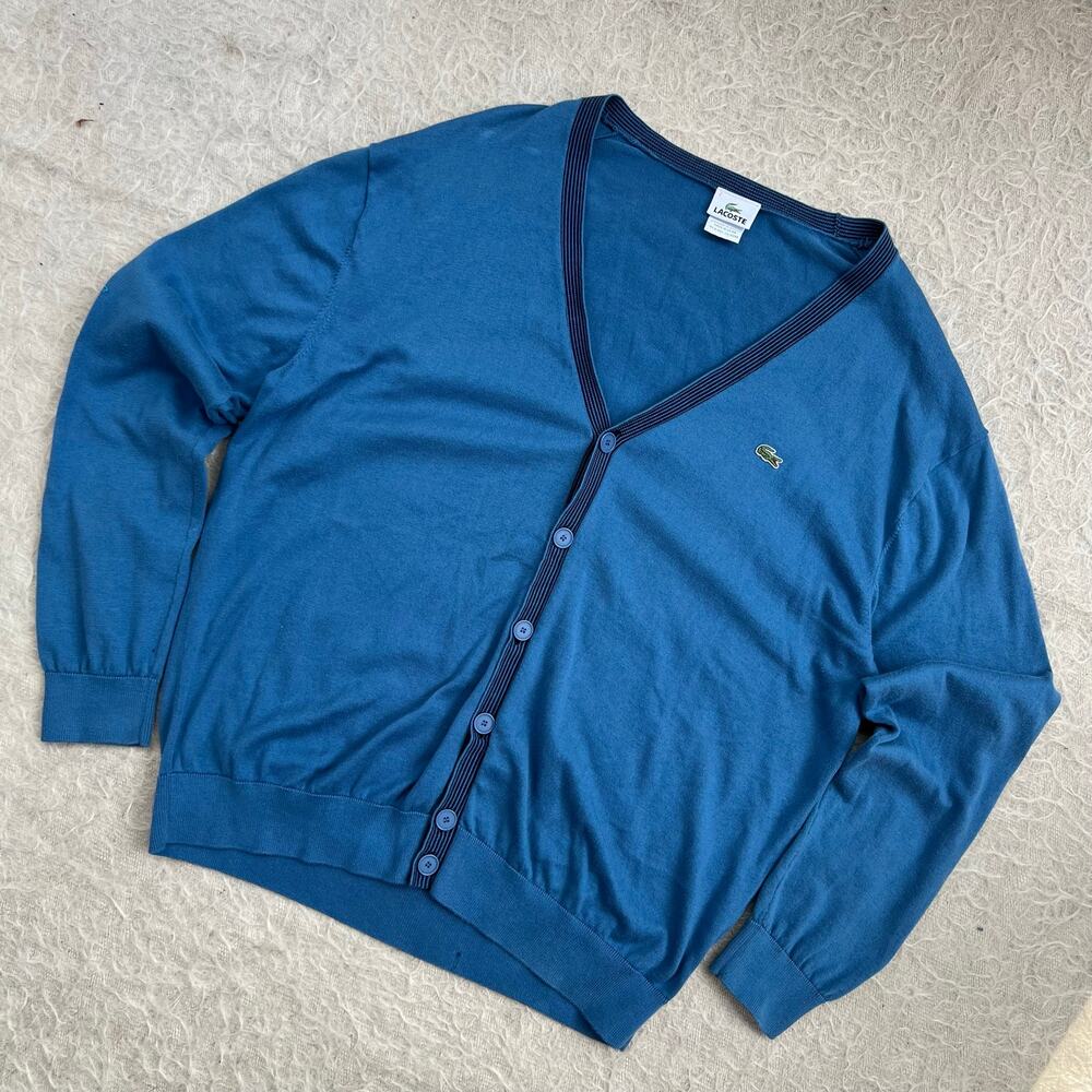 Lacoste Blue V-Neck Button Cardigan with Navy Trim